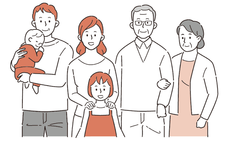 患者さんとご家族のイメージ - 医師と家族(父親が赤ちゃんを抱き、母親、子供、年配の女性)が一緒にいる様子